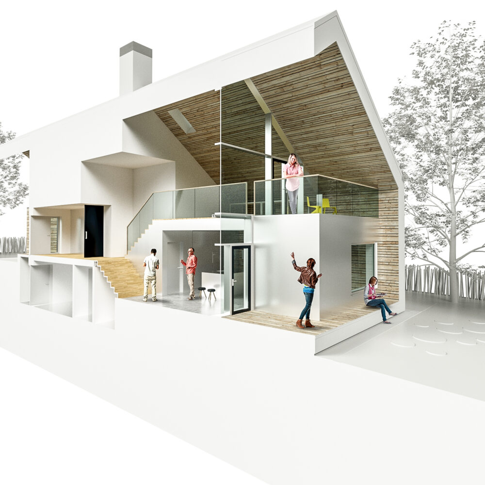Villa Tube - snitmodel der viser husets hovedrum